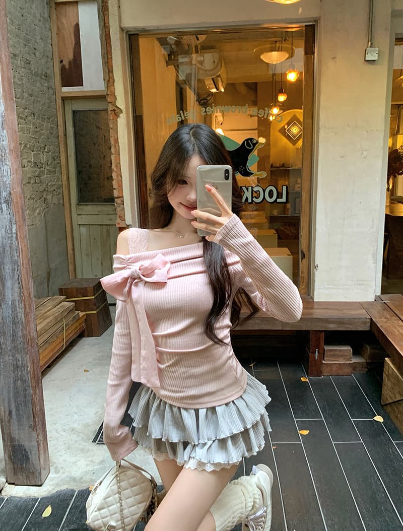 오프숄더 나비 매듭 긴팔 티셔츠 가을 몸매 가꾸기 순수한 욕망 달콤한 자매 인사이드 가져 가라. 만나는 맨위 상세 이미지 7