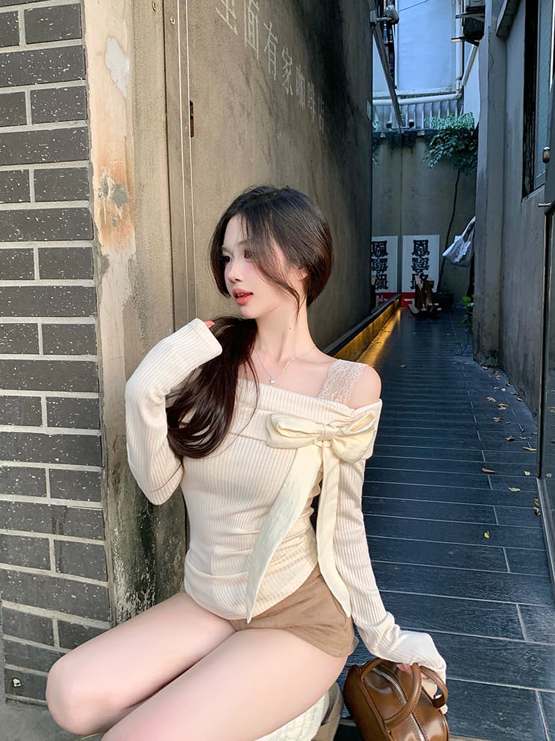 오프숄더 나비 매듭 긴팔 티셔츠 가을 몸매 가꾸기 순수한 욕망 달콤한 자매 인사이드 가져 가라. 만나는 맨위 상세 이미지 20