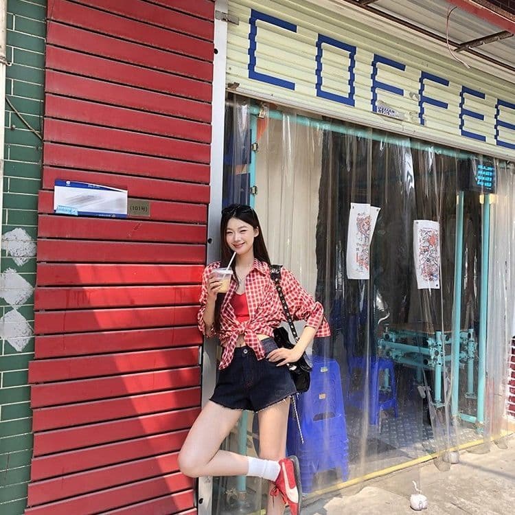 빨간색 체크무늬 레트로 셔츠 재킷 새로운 루즈핏 캐주얼 느긋한 긴팔 맨위 셔츠 이미지 4