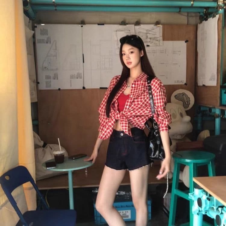 빨간색 체크무늬 레트로 셔츠 재킷 새로운 루즈핏 캐주얼 느긋한 긴팔 맨위 셔츠 이미지 2
