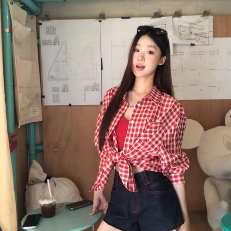 빨간색 체크무늬 레트로 셔츠 재킷 새로운 루즈핏 캐주얼 느긋한 긴팔 맨위 셔츠 상세 이미지 1