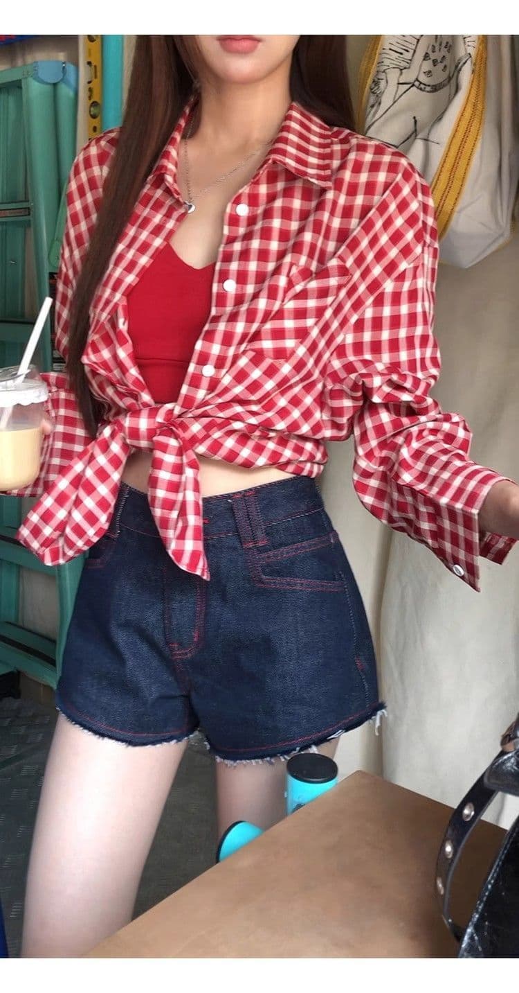 빨간색 체크무늬 레트로 셔츠 재킷 새로운 루즈핏 캐주얼 느긋한 긴팔 맨위 셔츠 상세 이미지 2