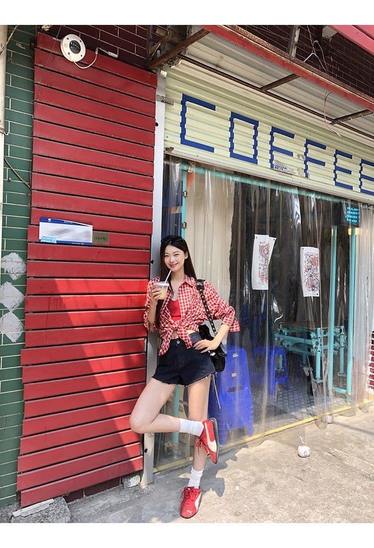 빨간색 체크무늬 레트로 셔츠 재킷 새로운 루즈핏 캐주얼 느긋한 긴팔 맨위 셔츠 상세 이미지 3