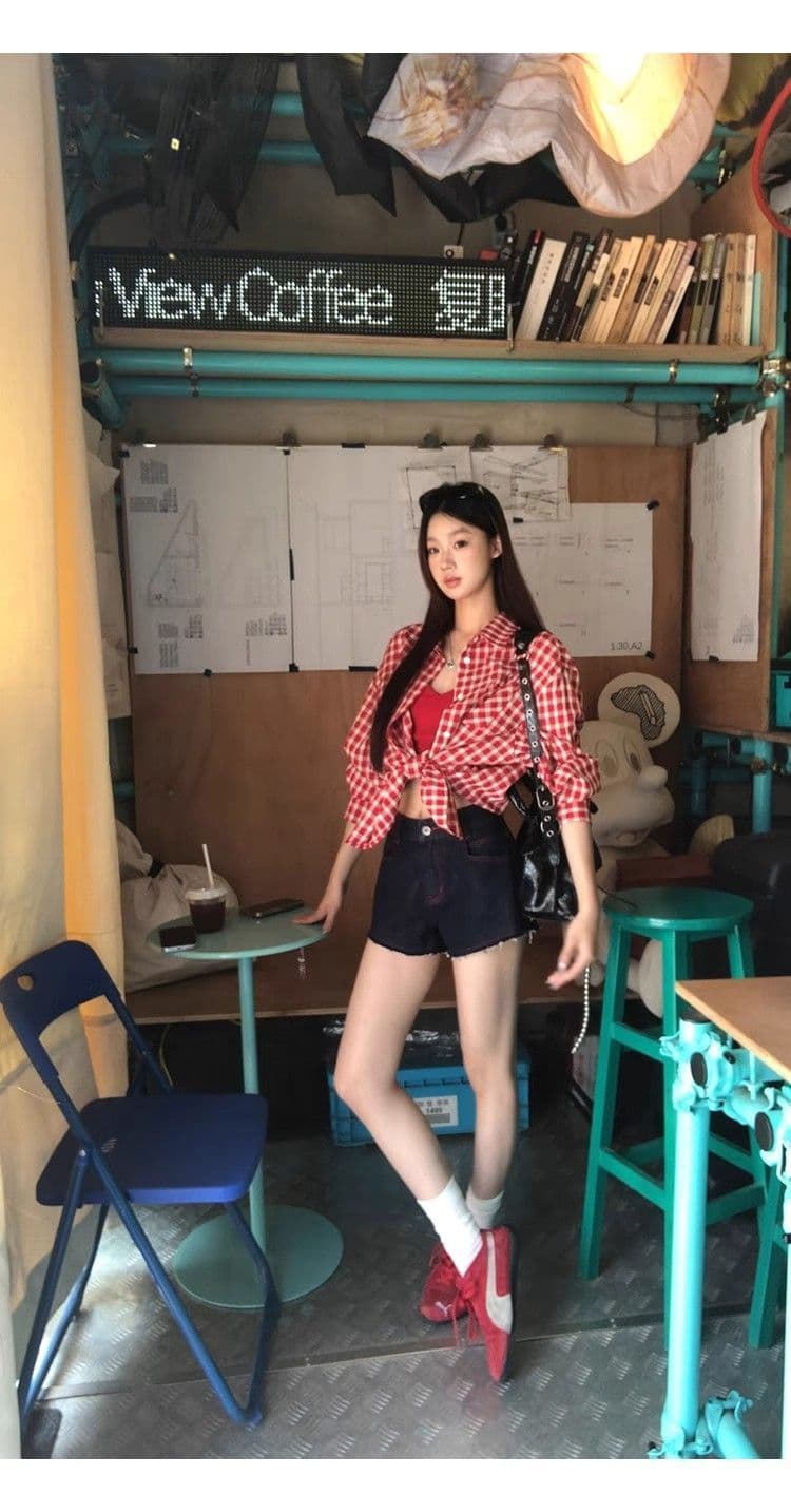 빨간색 체크무늬 레트로 셔츠 재킷 새로운 루즈핏 캐주얼 느긋한 긴팔 맨위 셔츠 상세 이미지 5