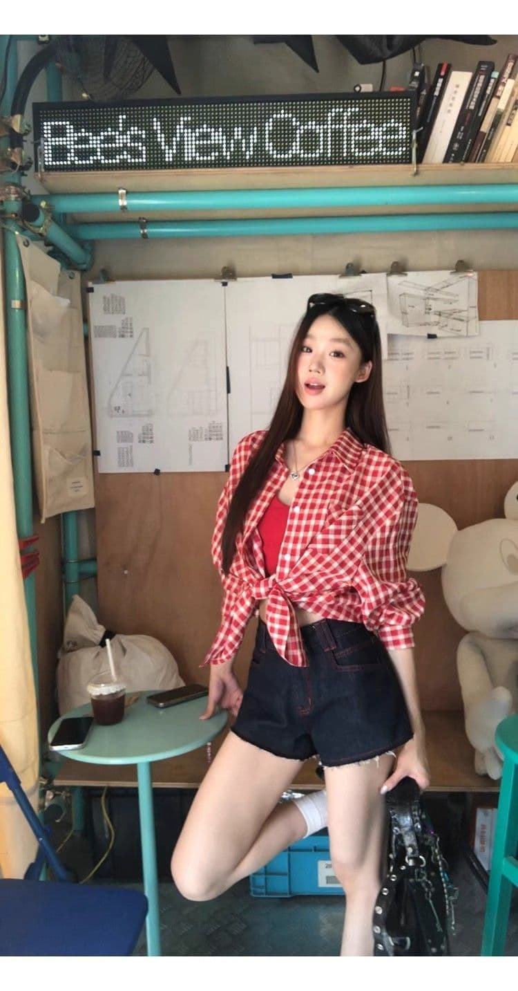 빨간색 체크무늬 레트로 셔츠 재킷 새로운 루즈핏 캐주얼 느긋한 긴팔 맨위 셔츠 상세 이미지 6