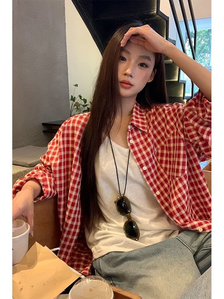 빨간색 체크무늬 레트로 셔츠 재킷 새로운 루즈핏 캐주얼 느긋한 긴팔 맨위 셔츠 상세 이미지 7