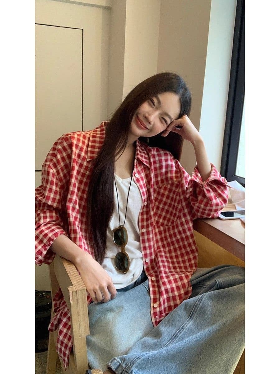 빨간색 체크무늬 레트로 셔츠 재킷 새로운 루즈핏 캐주얼 느긋한 긴팔 맨위 셔츠 상세 이미지 8