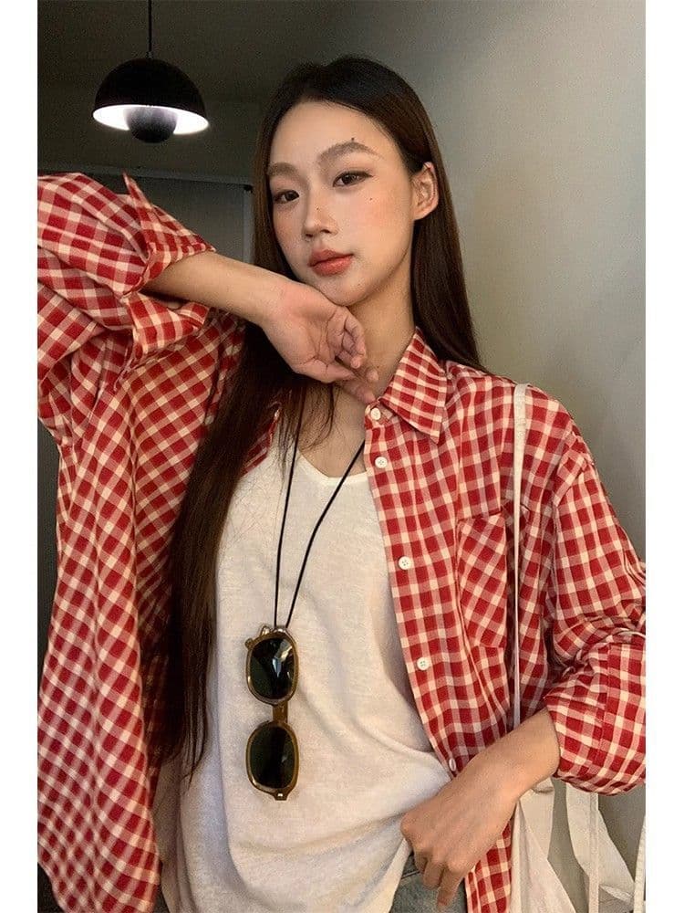 빨간색 체크무늬 레트로 셔츠 재킷 새로운 루즈핏 캐주얼 느긋한 긴팔 맨위 셔츠 상세 이미지 9
