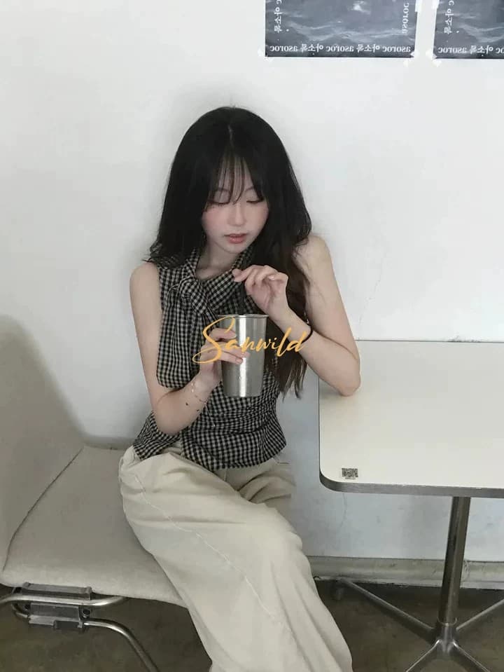 sanwild 한 부서 레트로 체크무늬 레이스업 허리 수축 여성 셔츠 디자인 센스 몸매 가꾸기 슬림해 보이는 다용도 품격 맨위 상세 이미지 15
