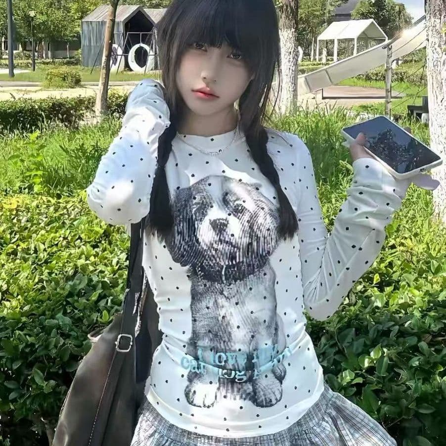 220 그램 40 빗질하다 92 면 8 암모니아 Lun 도트 무늬 몸매 가꾸기 긴팔 티셔츠 여성