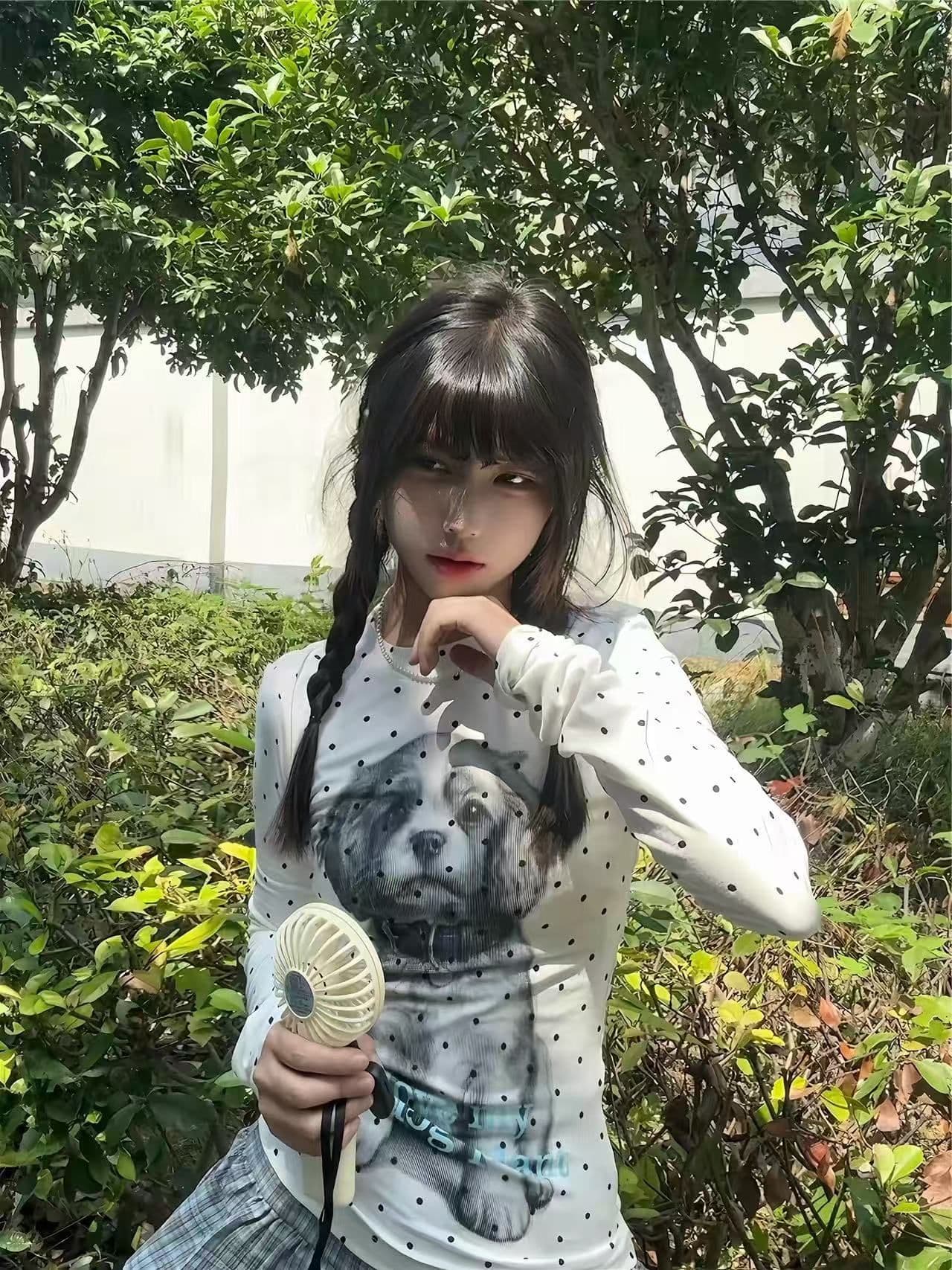 220 그램 40 빗질하다 92 면 8 암모니아 Lun 도트 무늬 몸매 가꾸기 긴팔 티셔츠 여성 이미지 2