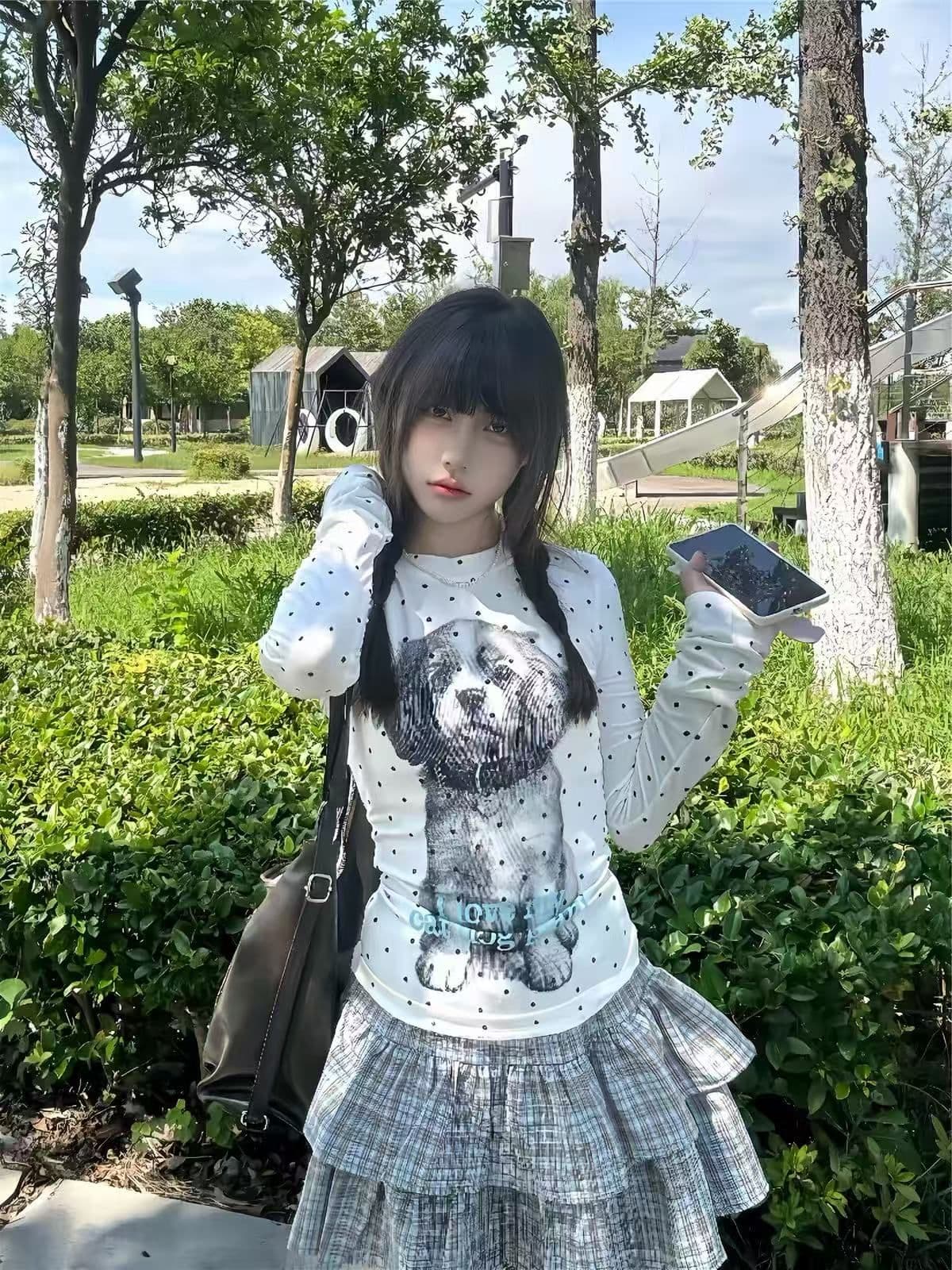 220 그램 40 빗질하다 92 면 8 암모니아 Lun 도트 무늬 몸매 가꾸기 긴팔 티셔츠 여성 상세 이미지 2