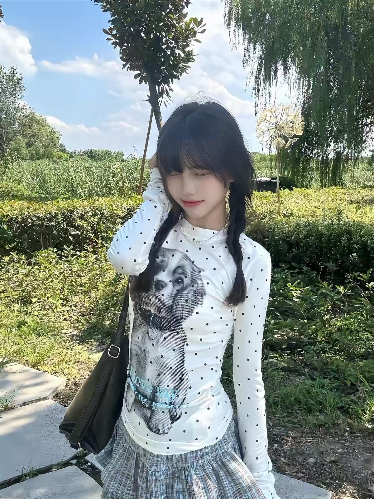 220 그램 40 빗질하다 92 면 8 암모니아 Lun 도트 무늬 몸매 가꾸기 긴팔 티셔츠 여성 상세 이미지 3
