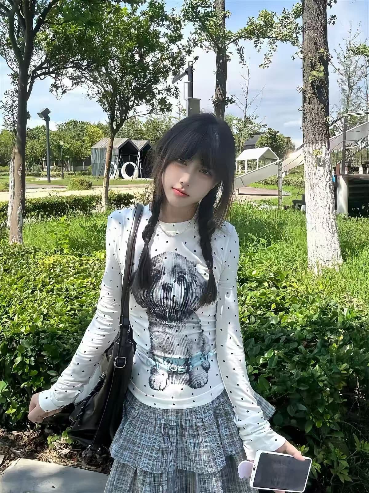 220 그램 40 빗질하다 92 면 8 암모니아 Lun 도트 무늬 몸매 가꾸기 긴팔 티셔츠 여성 상세 이미지 4