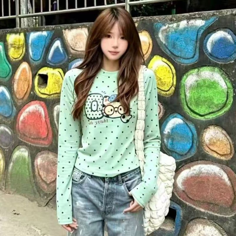 220 그램 40 빗질하다 92 면 8 암모니아 Lun 도트 무늬 몸매 가꾸기 긴팔 티셔츠 여성