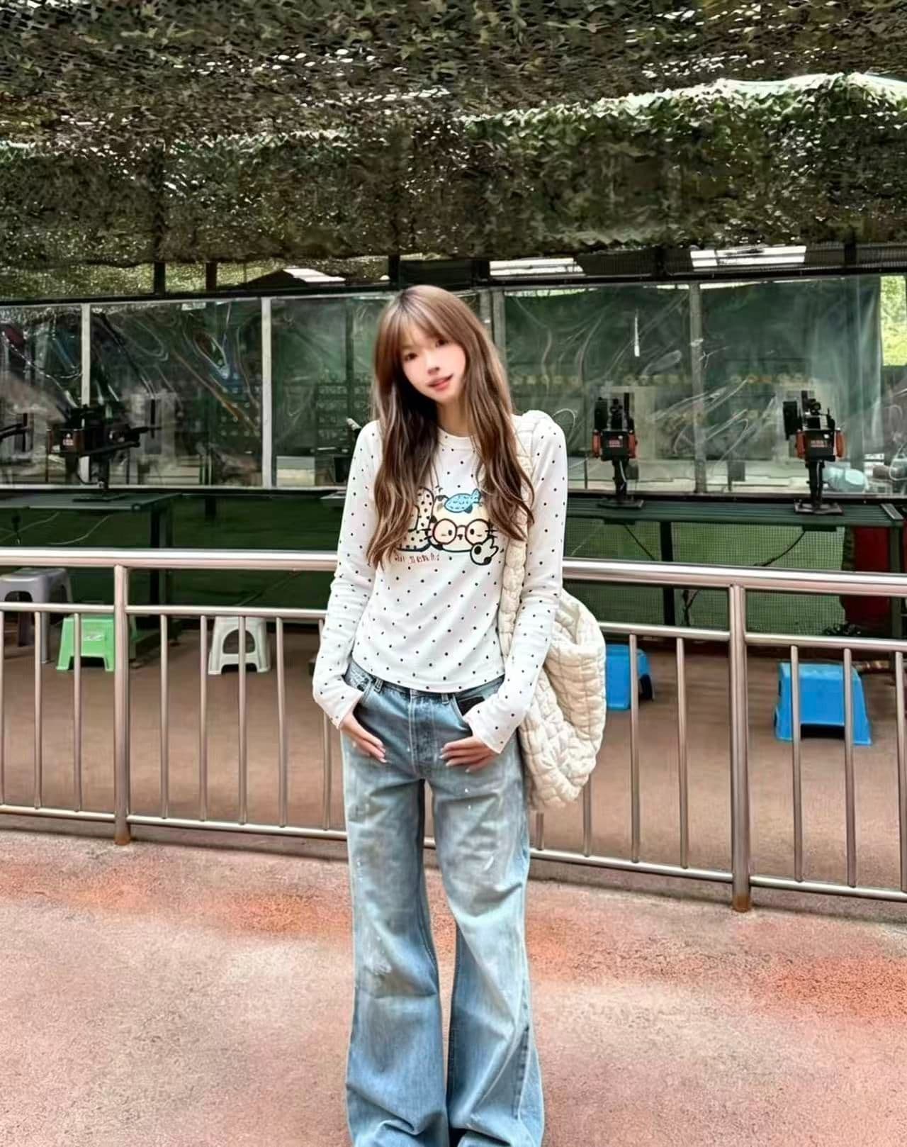 220 그램 40 빗질하다 92 면 8 암모니아 Lun 도트 무늬 몸매 가꾸기 긴팔 티셔츠 여성 이미지 3