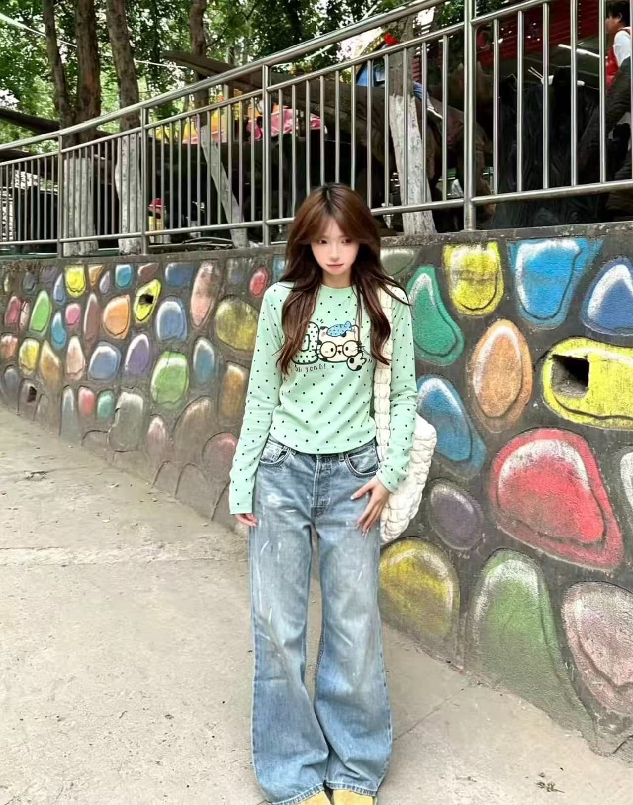 220 그램 40 빗질하다 92 면 8 암모니아 Lun 도트 무늬 몸매 가꾸기 긴팔 티셔츠 여성 이미지 2