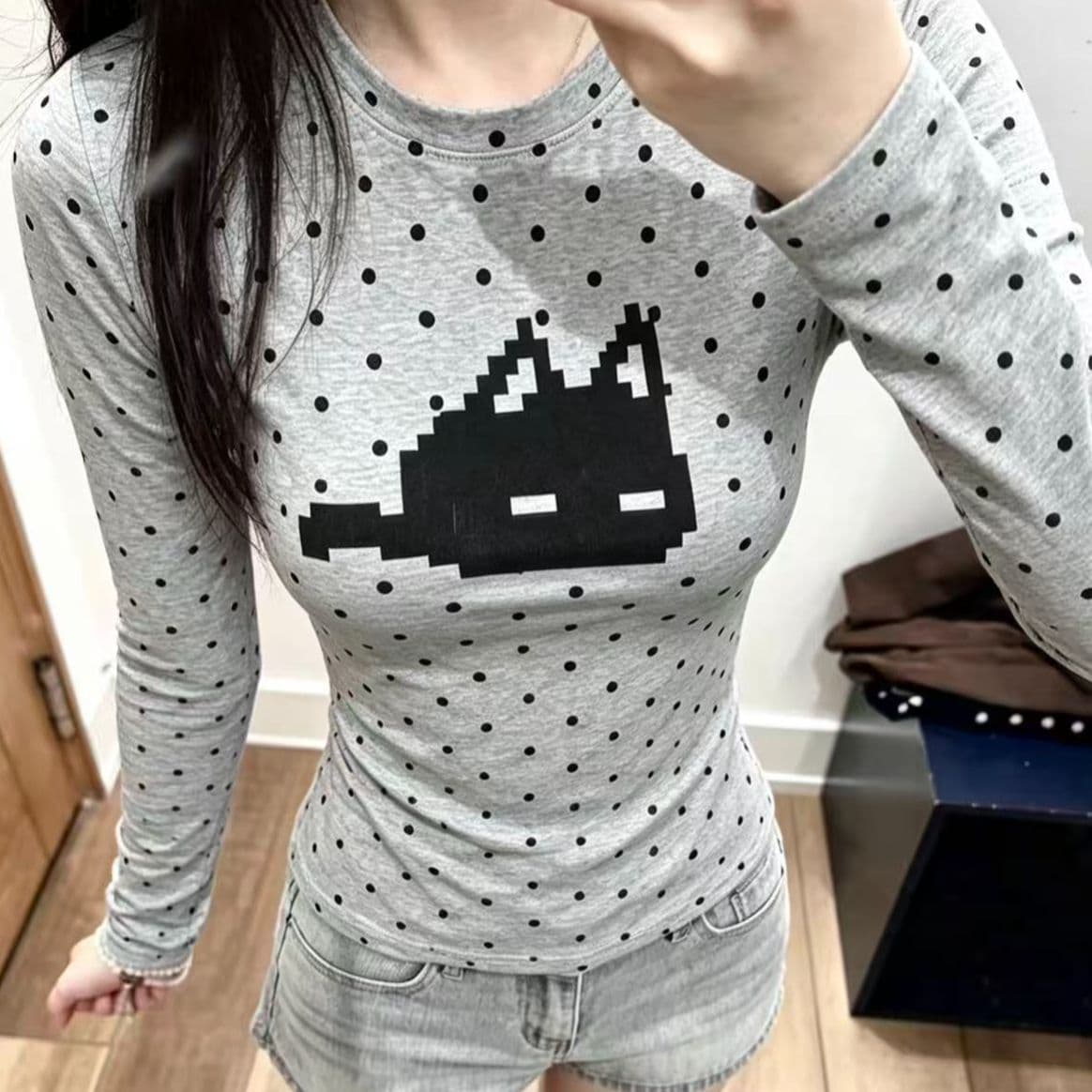220 그램 40 빗질하다 92 면 8 암모니아 Lun 도트 무늬 몸매 가꾸기 긴팔 티셔츠 여성