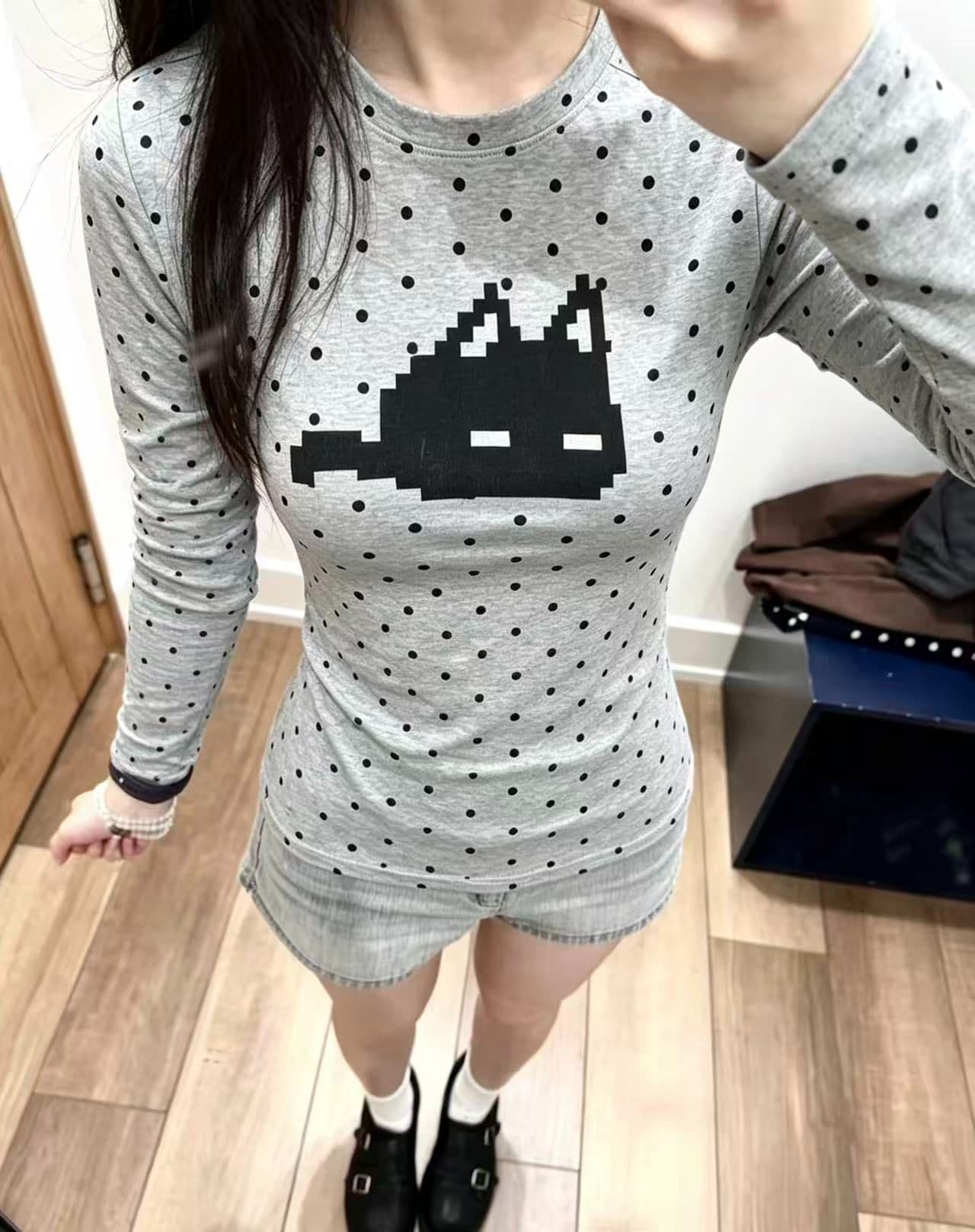 220 그램 40 빗질하다 92 면 8 암모니아 Lun 도트 무늬 몸매 가꾸기 긴팔 티셔츠 여성 이미지 4
