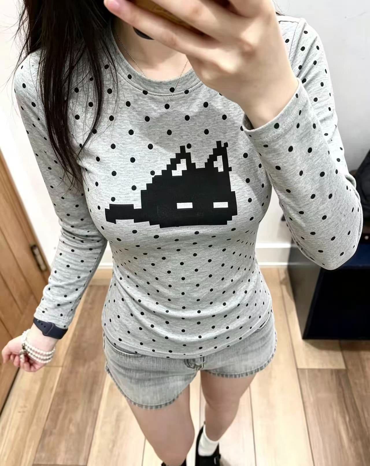 220 그램 40 빗질하다 92 면 8 암모니아 Lun 도트 무늬 몸매 가꾸기 긴팔 티셔츠 여성 상세 이미지 6
