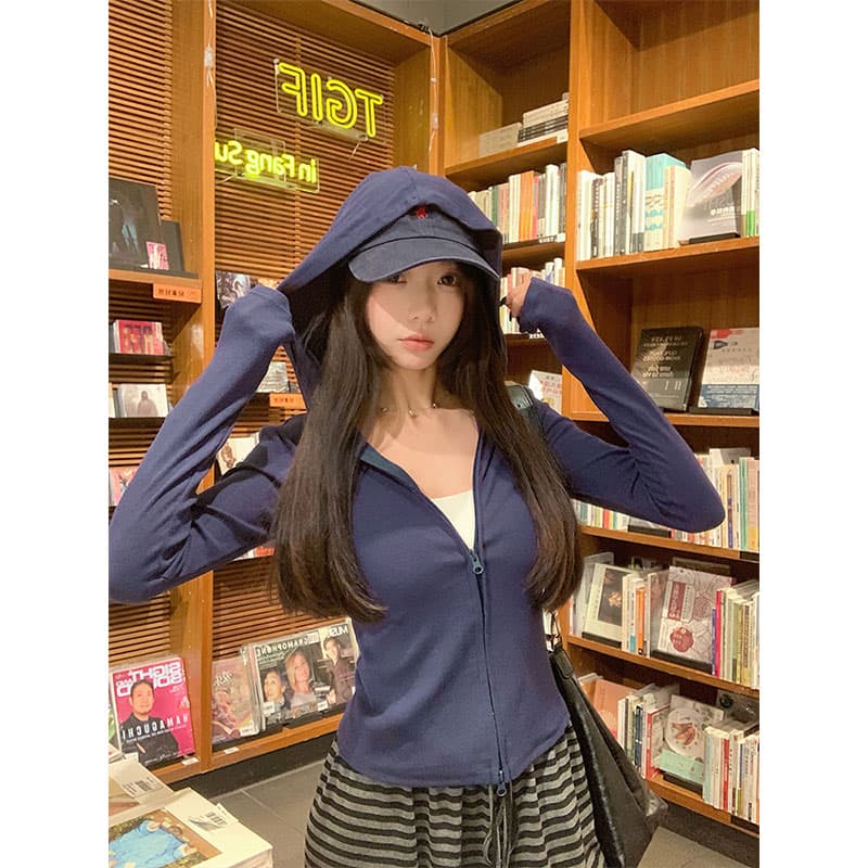 달콤한 매운맛 해군 후드 티 스웨터 여성 코트 가을 새로운 몸매 가꾸기 슬림해 보이는 다용도 더블 지퍼 긴팔 맨위 이미지 4