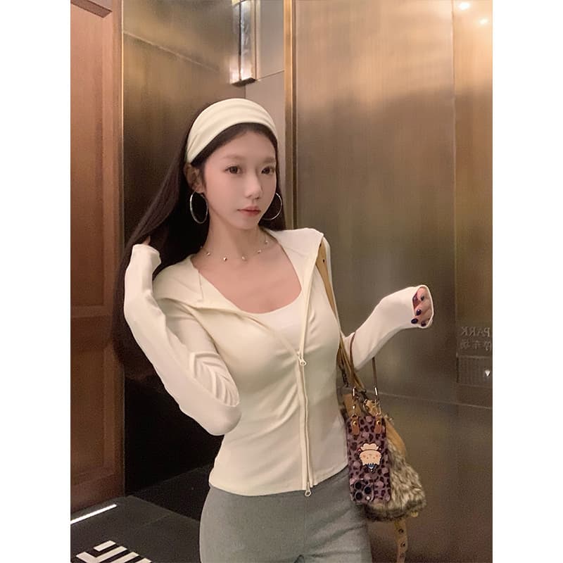 달콤한 매운맛 해군 후드 티 스웨터 여성 코트 가을 새로운 몸매 가꾸기 슬림해 보이는 다용도 더블 지퍼 긴팔 맨위 상세 이미지 17