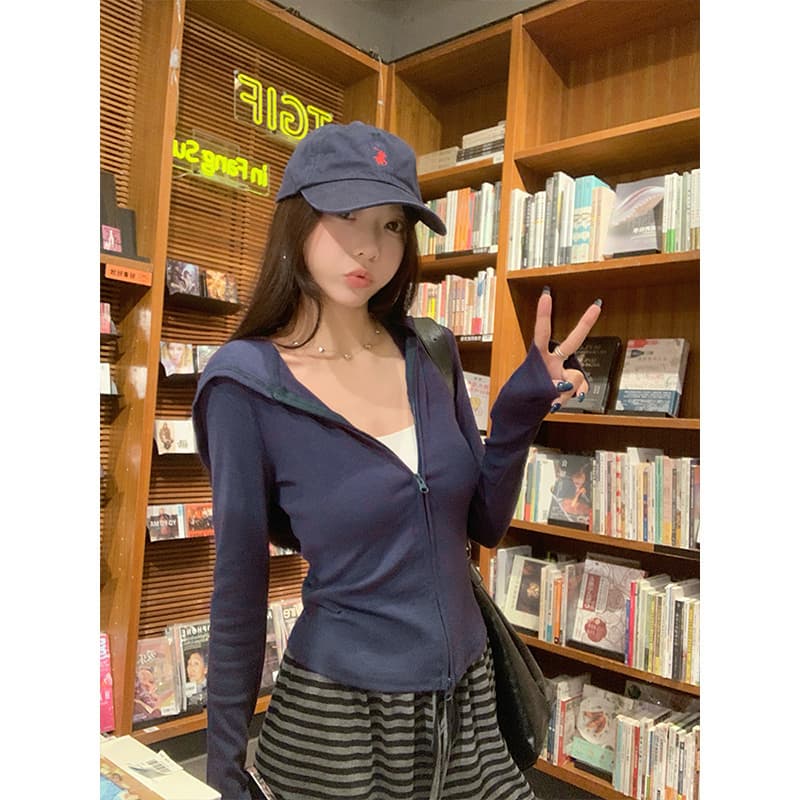 달콤한 매운맛 해군 후드 티 스웨터 여성 코트 가을 새로운 몸매 가꾸기 슬림해 보이는 다용도 더블 지퍼 긴팔 맨위 상세 이미지 28