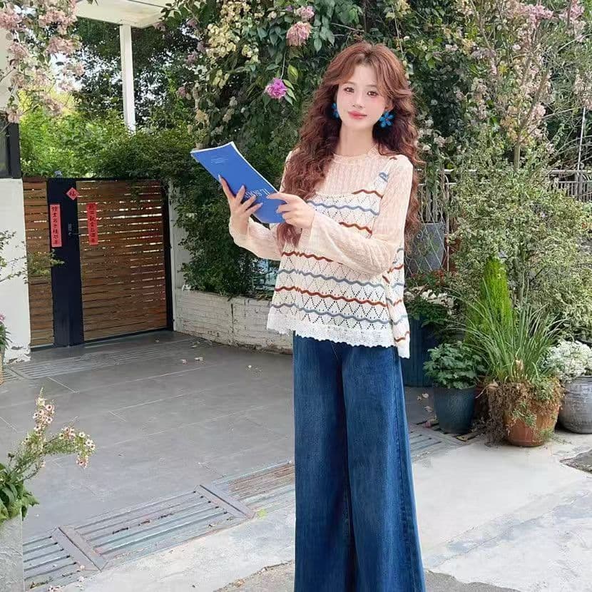 한 부서 부드러운 바람 루즈핏 슬림해 보이는 레이스 측면 슬립 맨위 외국 가스 연령 감소 스트라이프 니트 투피스 조끼 이미지 2