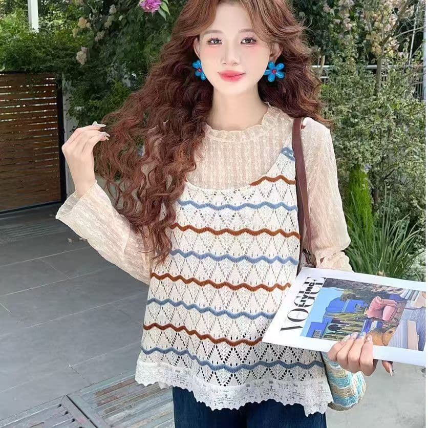 한 부서 부드러운 바람 루즈핏 슬림해 보이는 레이스 측면 슬립 맨위 외국 가스 연령 감소 스트라이프 니트 투피스 조끼 상세 이미지 1