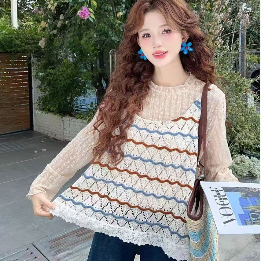 한 부서 부드러운 바람 루즈핏 슬림해 보이는 레이스 측면 슬립 맨위 외국 가스 연령 감소 스트라이프 니트 투피스 조끼 상세 이미지 3
