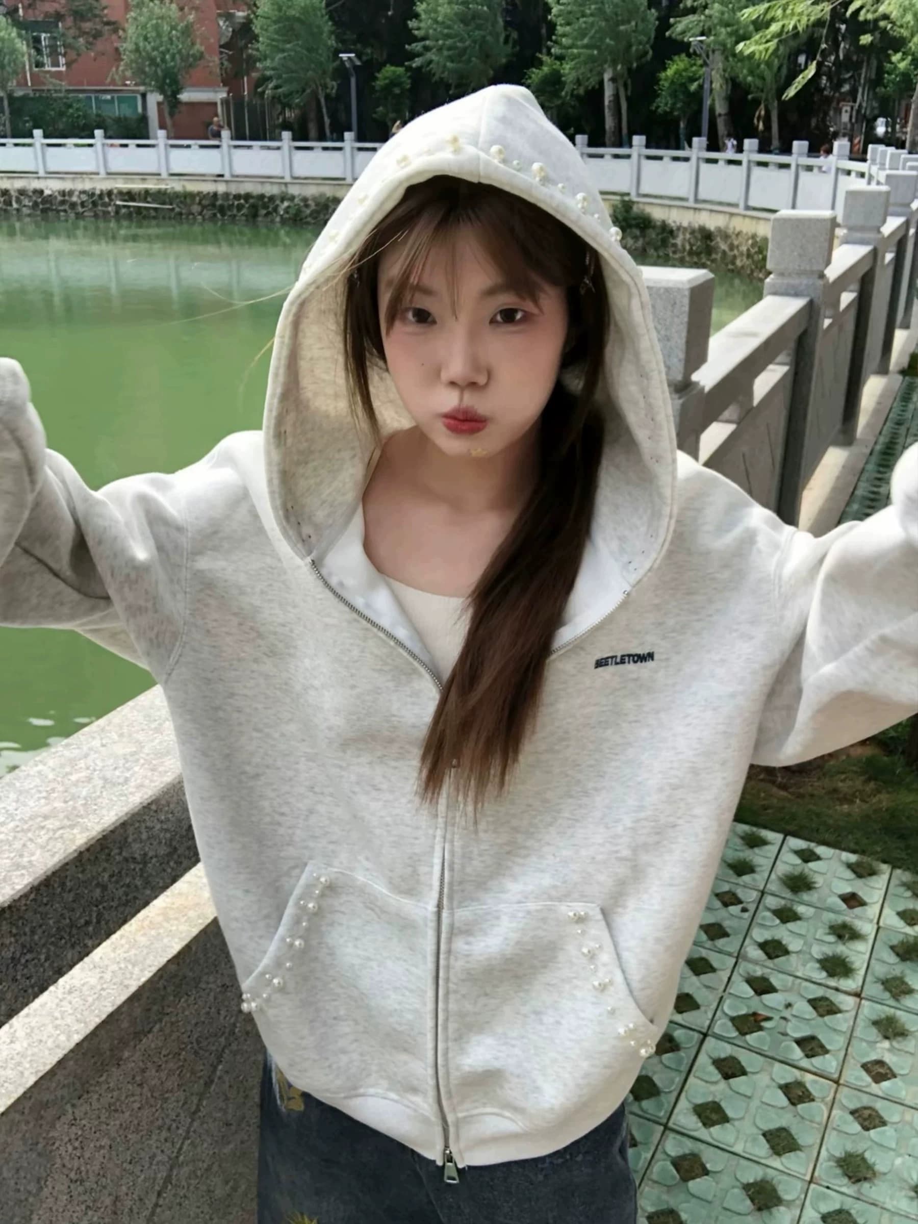 원본 솜씨 있음 이후 패키지 칼라 얇은 스타일 주문 구슬 자수 더블 머리 지퍼 순수한 Mianhua 면 복합 후드티 여성 이미지 4