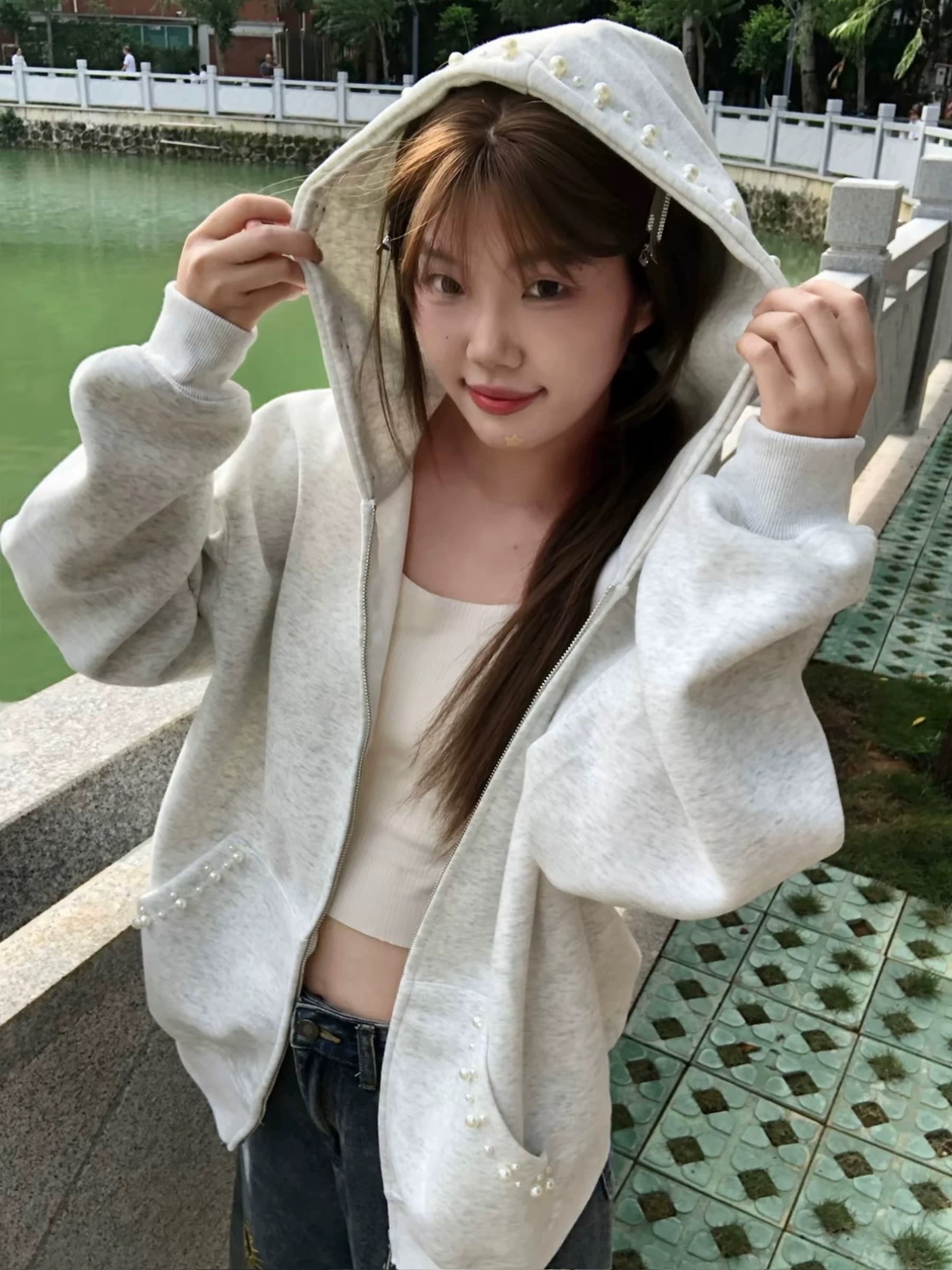 원본 솜씨 있음 이후 패키지 칼라 얇은 스타일 주문 구슬 자수 더블 머리 지퍼 순수한 Mianhua 면 복합 후드티 여성