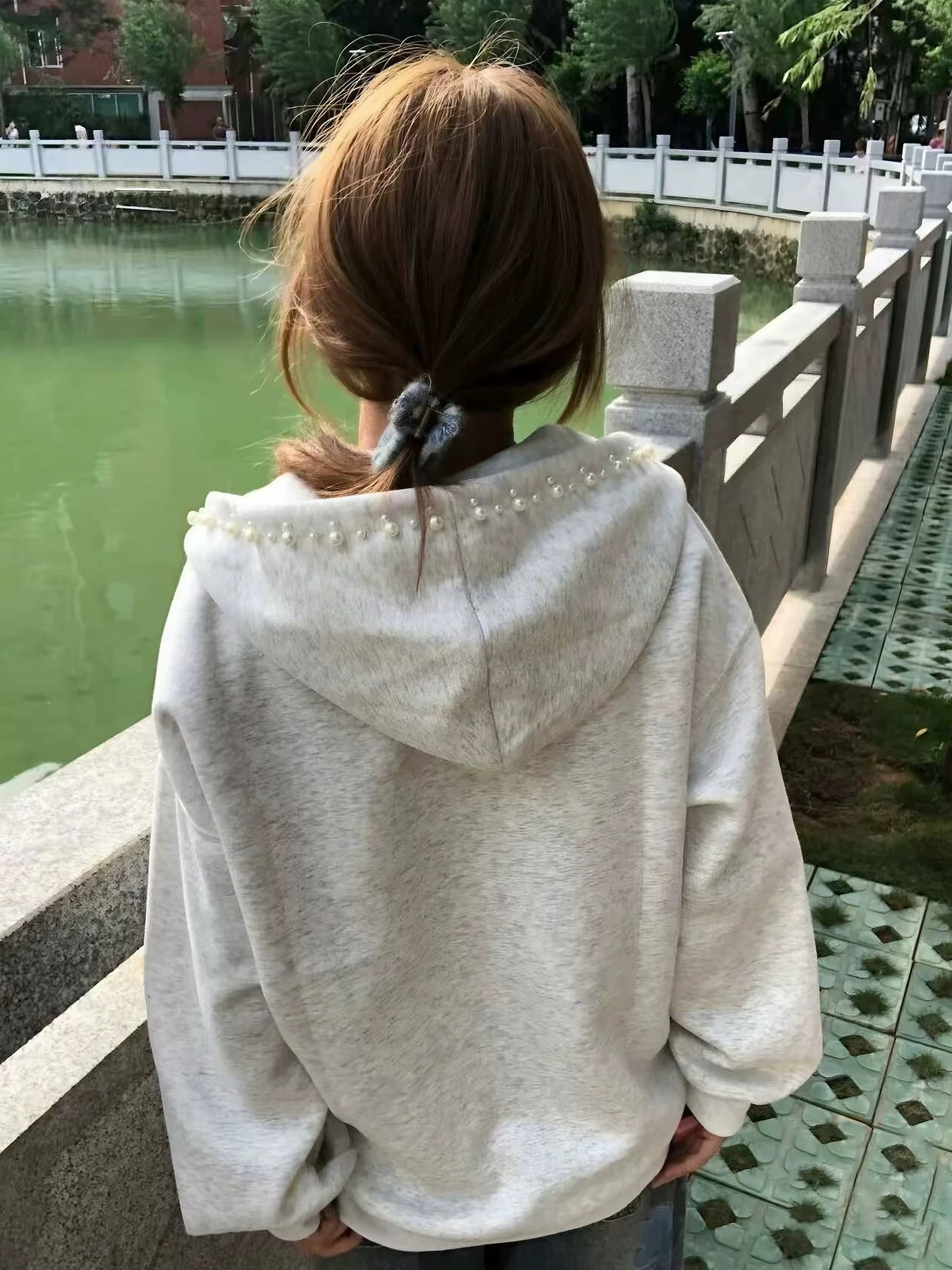 원본 솜씨 있음 이후 패키지 칼라 얇은 스타일 주문 구슬 자수 더블 머리 지퍼 순수한 Mianhua 면 복합 후드티 여성 상세 이미지 2