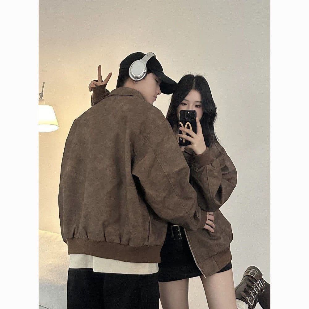 새로운 pu 가죽 재킷 고급 커플 재킷 아메리칸 레트로 브라운 폴로 칼라 재킷 봄 가을 캐주얼 맨위 서비스 상세 이미지 5