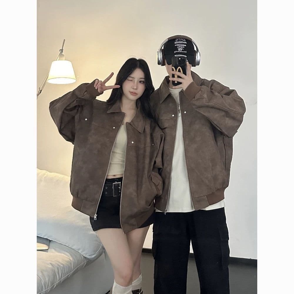 새로운 pu 가죽 재킷 고급 커플 재킷 아메리칸 레트로 브라운 폴로 칼라 재킷 봄 가을 캐주얼 맨위 서비스 상세 이미지 7