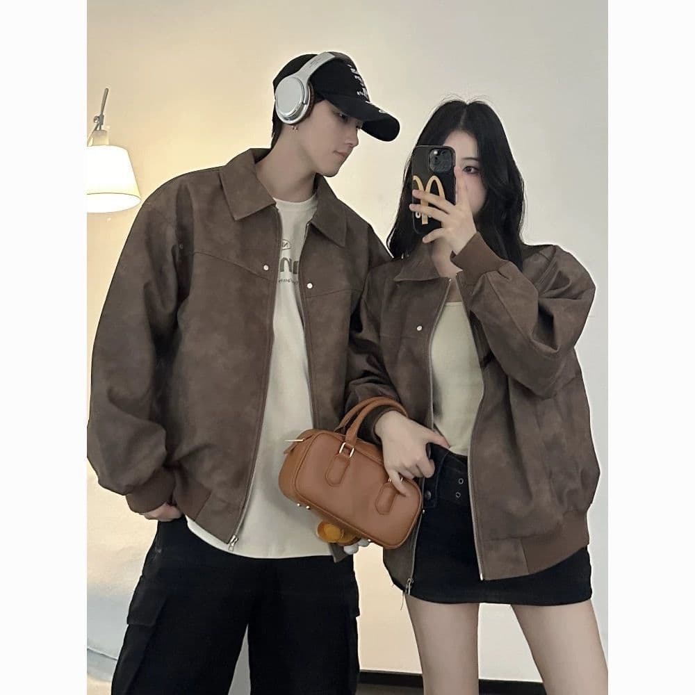 새로운 pu 가죽 재킷 고급 커플 재킷 아메리칸 레트로 브라운 폴로 칼라 재킷 봄 가을 캐주얼 맨위 서비스 상세 이미지 9