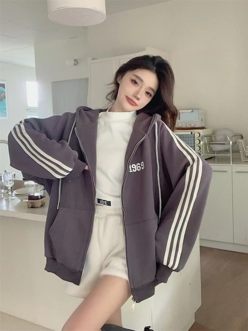 아메리칸 야구 배색 후드티 긴팔 털이 있고 두꺼운 레트로 루즈핏 bf 재킷 작은 키 맨위 오픈 가디건 다용도 이미지 2