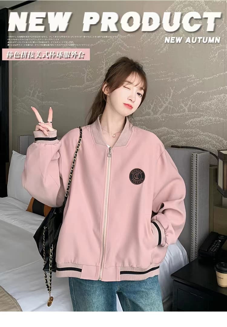 핑크색 레트로 학원 스타일 야구 유니폼 지퍼 여성 코트 봄 가을 새로운 디자인 센스 패치워크 캐주얼 맨위 상세 이미지 1