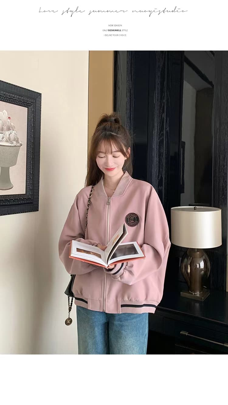 핑크색 레트로 학원 스타일 야구 유니폼 지퍼 여성 코트 봄 가을 새로운 디자인 센스 패치워크 캐주얼 맨위 상세 이미지 8