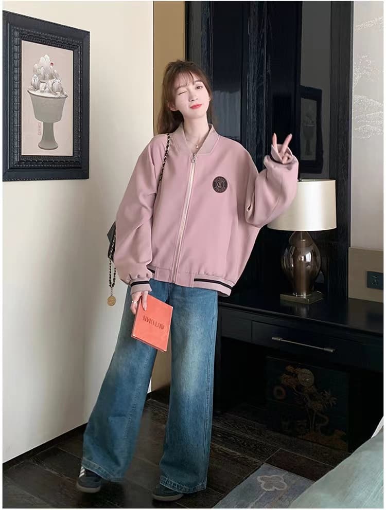핑크색 레트로 학원 스타일 야구 유니폼 지퍼 여성 코트 봄 가을 새로운 디자인 센스 패치워크 캐주얼 맨위 상세 이미지 10