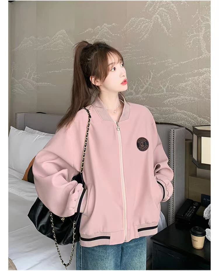 핑크색 레트로 학원 스타일 야구 유니폼 지퍼 여성 코트 봄 가을 새로운 디자인 센스 패치워크 캐주얼 맨위 상세 이미지 18