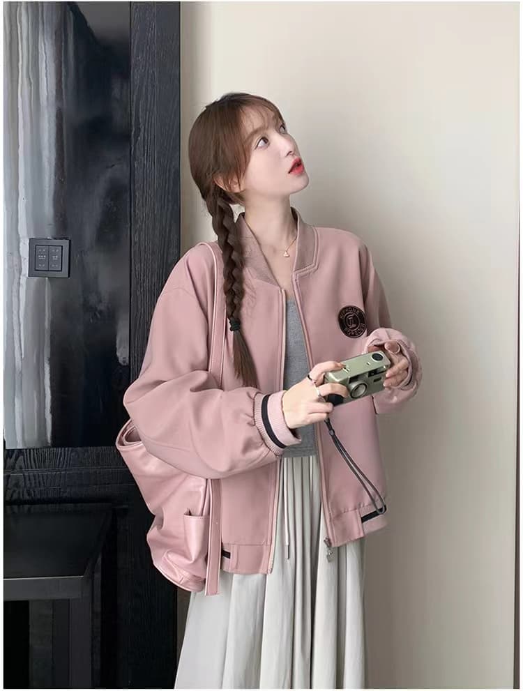 핑크색 레트로 학원 스타일 야구 유니폼 지퍼 여성 코트 봄 가을 새로운 디자인 센스 패치워크 캐주얼 맨위 상세 이미지 21