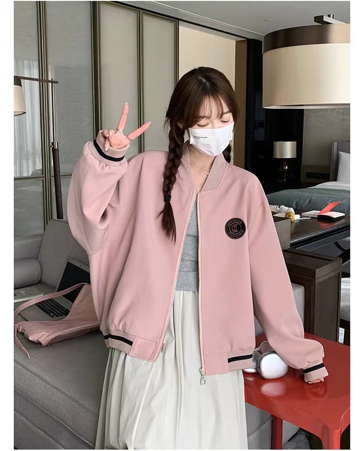 핑크색 레트로 학원 스타일 야구 유니폼 지퍼 여성 코트 봄 가을 새로운 디자인 센스 패치워크 캐주얼 맨위 상세 이미지 24