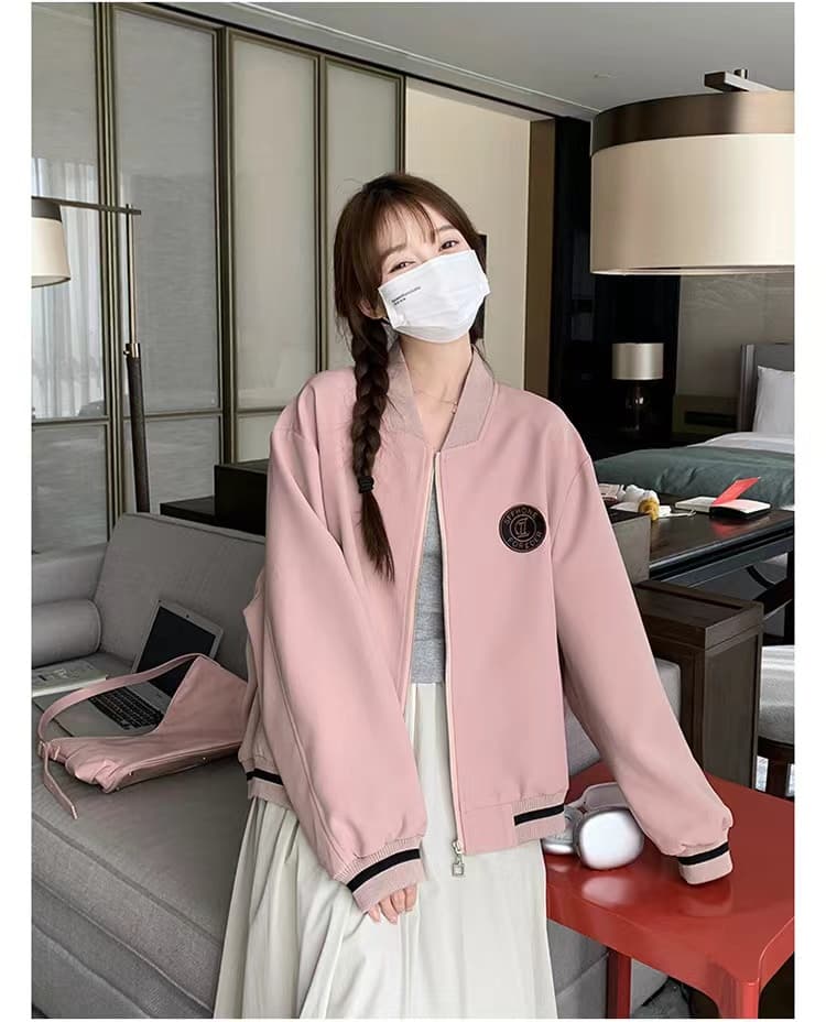 핑크색 레트로 학원 스타일 야구 유니폼 지퍼 여성 코트 봄 가을 새로운 디자인 센스 패치워크 캐주얼 맨위 상세 이미지 25
