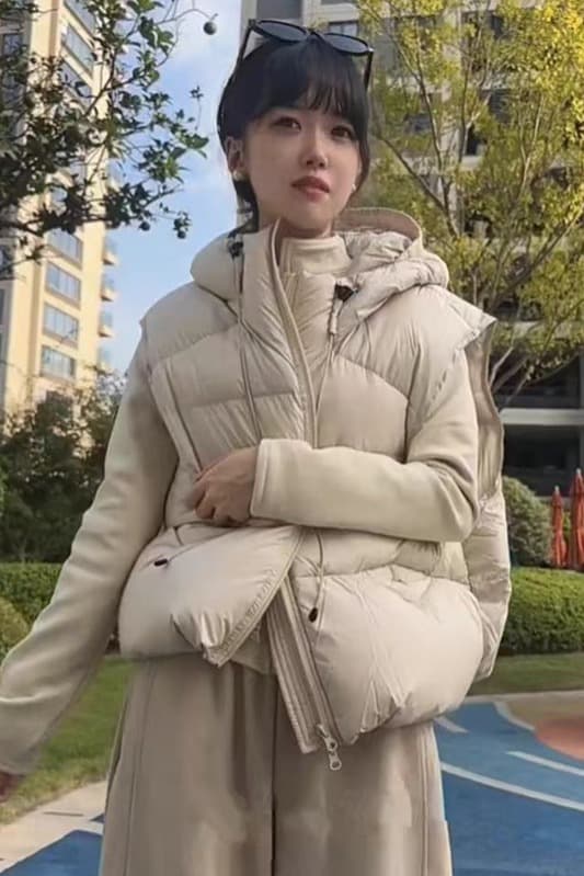 다운 코튼 베스트 여성 짧은 후드 새로운 2026 한 루즈핏 고급 센스 작은 키 조끼 어깨 재킷 이미지 3