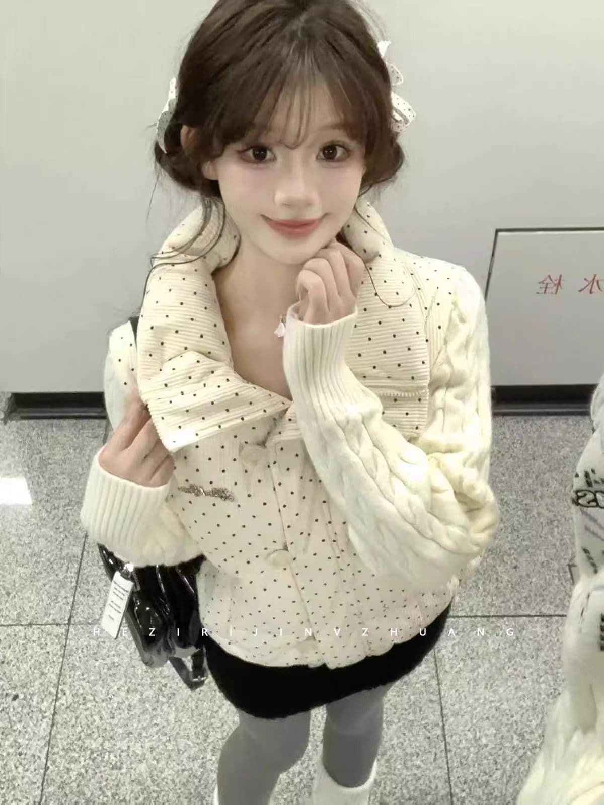 한 부서 달콤함 도트 무늬 니트 패치워크 긴팔 면 의류 여성 코트 겨울 루즈핏 두꺼운 쇼트 스타일 보온 패딩 재킷 상세 이미지 3