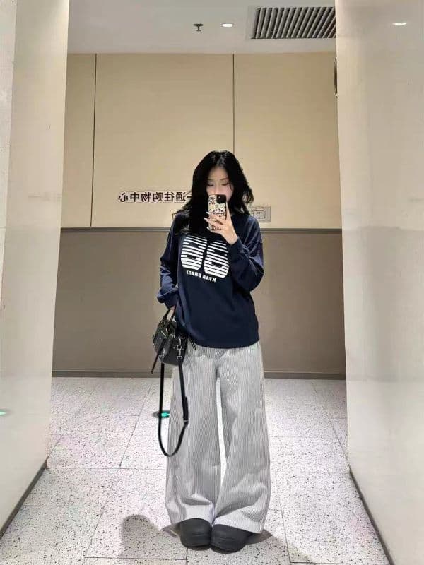 210 그램 21 이후 패키지 칼라 프린트 가을 드레스 구두 긴팔 티셔츠 여성 루즈핏 순면 라운드 넥 맨위 이미지 4