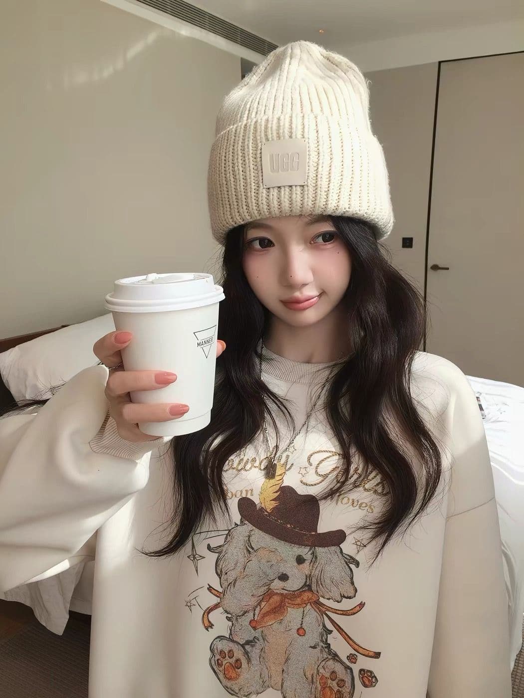 후아 면 복합 프린트 라운드 넥 후드티 여성 얇은 스타일 털이 있는 이미지 4