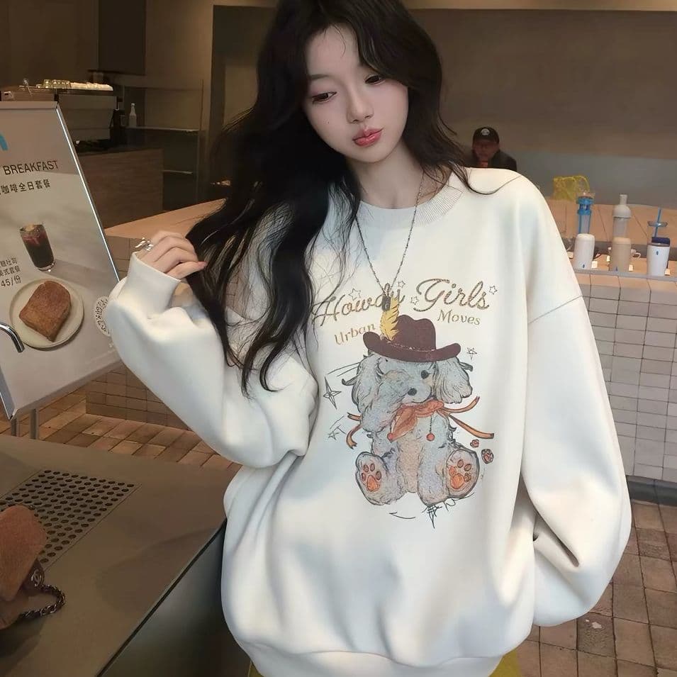 후아 면 복합 프린트 라운드 넥 후드티 여성 얇은 스타일 털이 있는
