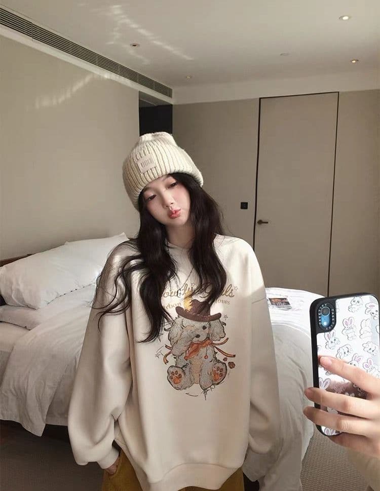 후아 면 복합 프린트 라운드 넥 후드티 여성 얇은 스타일 털이 있는 이미지 3